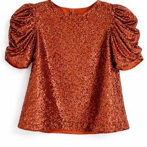 Anthropologie Copper Sequin Puff Sleeve Top XS | Statement Party Blouse